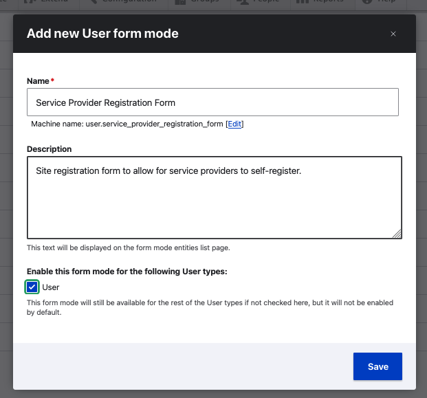Screenshot of creation of new form mode for user entities